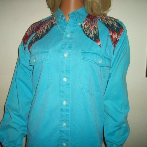 Vintage Western Shirt Womens S Tall Greatland Apparel Turquoise Custom Applique - Picture 1 of 5